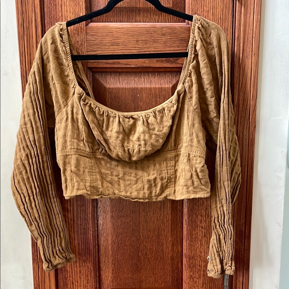 Brown Long Sleeve Cropped Peasant Top